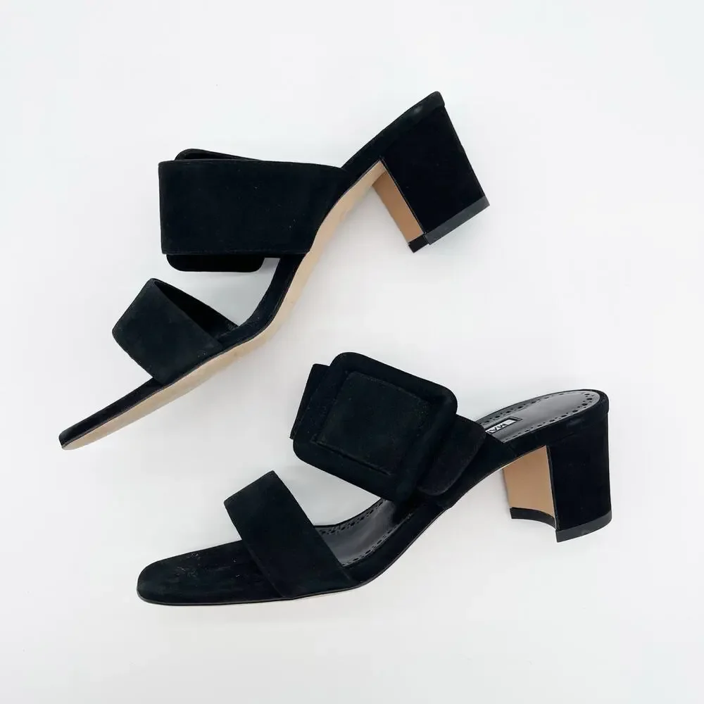 Manolo Blahnik Titubanew Black Suede Open Toe Buckle Mule Sandals Heels IT 36.5